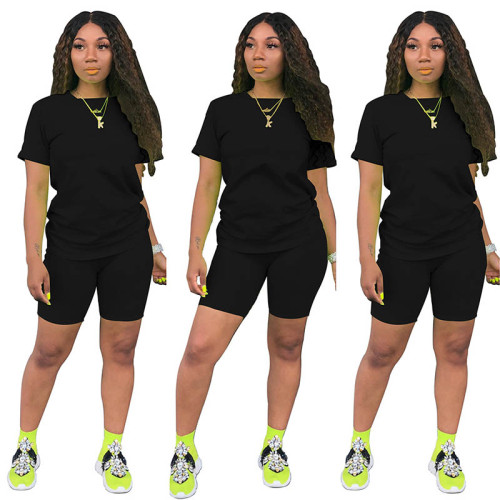 Solid Color Short Sleeve Two Piece Shorts Set