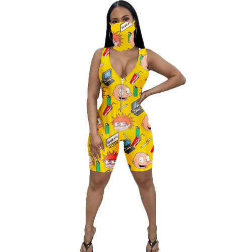 Casual Sleeveless Cartoon Sports Short Romper with face mask