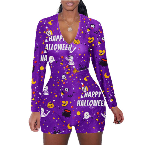 Halloween Pattern Print Shorts Loungewear Romper