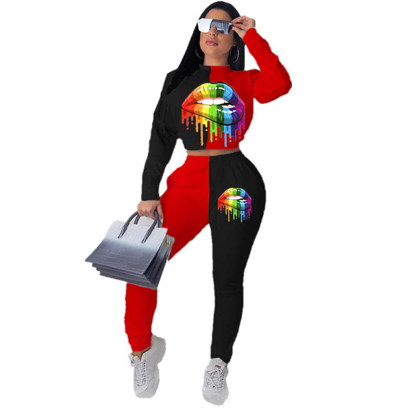 Casual Print Lips 2 Pcs Outfits
