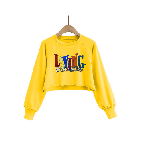 Autumn Pattern Print Round Neck Crop Sweatshirt