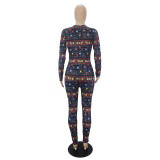 Casual Long Sleeve Pattern Print Loungewear Jumpsuit