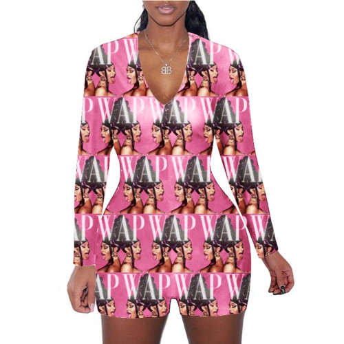 Casual Pattern Print Loungewear Shorts Jumpsuit