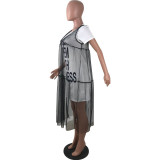 Letter Print Net Yarn Splicing Midi Dress