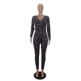 Casual Long Sleeve Pattern Print Loungewear Jumpsuit