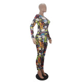 Casual Long Sleeve Pattern Print Loungewear Jumpsuit