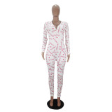 Casual Long Sleeve Pattern Print Loungewear Jumpsuit