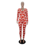 Casual Long Sleeve Pattern Print Loungewear Jumpsuit