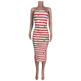 Casual Print Star Striped Cross Strap Midi Dress