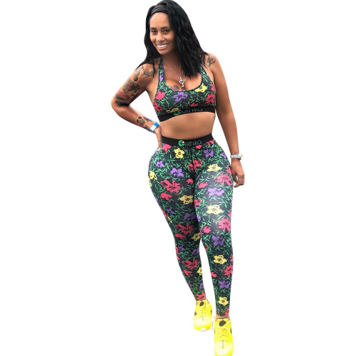 Casual Print Letter Vest Crop Top and Shorts