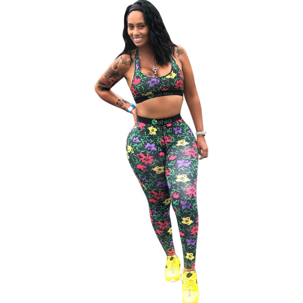 Casual Print Letter Vest Crop Top and Shorts