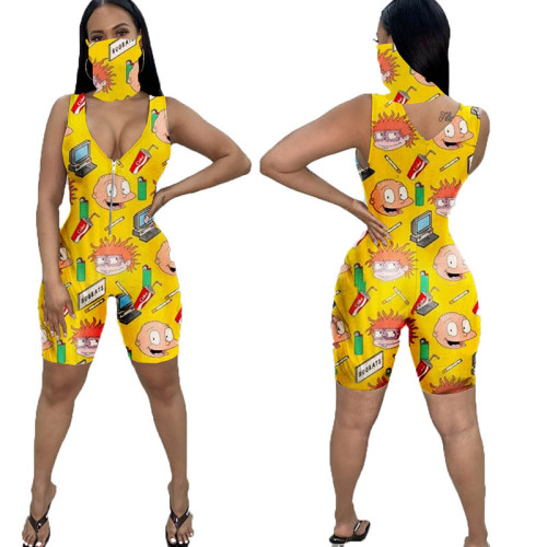 Casual Sleeveless Cartoon Sports Short Romper with face mask