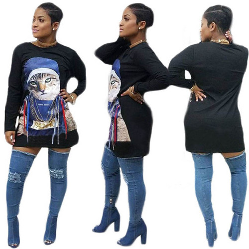 Casual Cat Head Print Club Dress