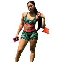 Casual Print Letter Vest Crop Top and Shorts