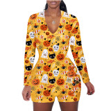 Halloween Pattern Print Shorts Loungewear Romper