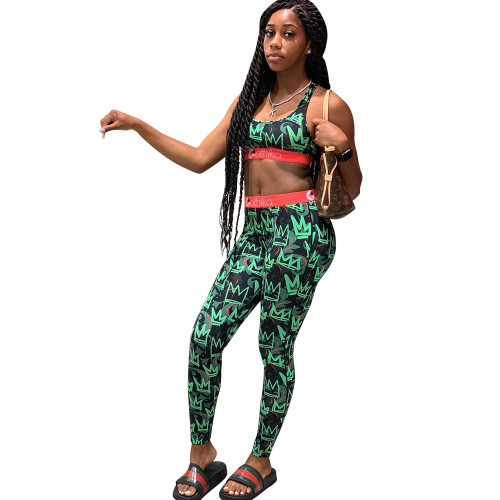 Casual Print Letter Vest Crop Top and Shorts