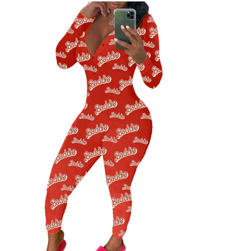 Casual Long Sleeve Pattern Print Loungewear Jumpsuit
