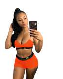 Solid Color Stitching Print Letter Straps Shorts Set