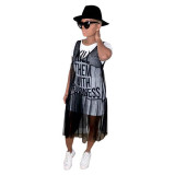 Letter Print Net Yarn Splicing Midi Dress