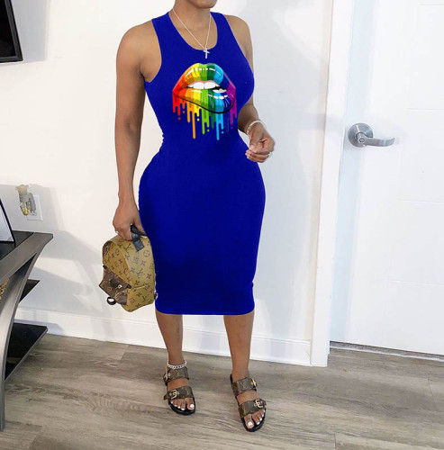 Sleeveless Lips Offset Midi Dress