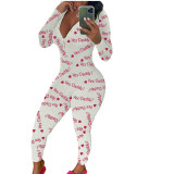 Casual Long Sleeve Pattern Print Loungewear Jumpsuit