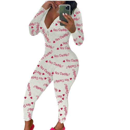 Casual Long Sleeve Pattern Print Loungewear Jumpsuit