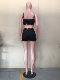 Solid Color Stitching Print Letter Straps Shorts Set