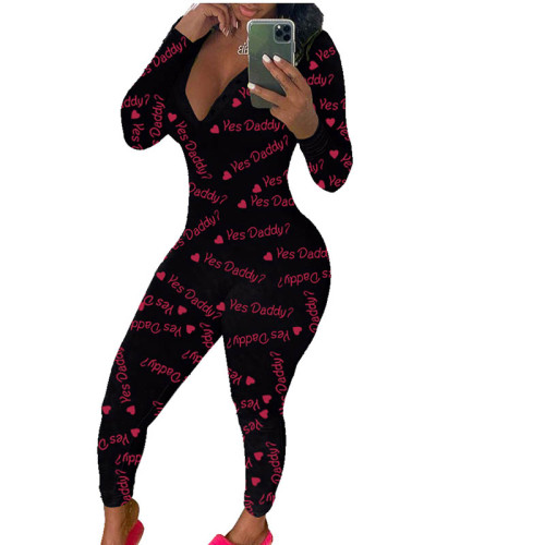 Casual Long Sleeve Pattern Print Loungewear Jumpsuit