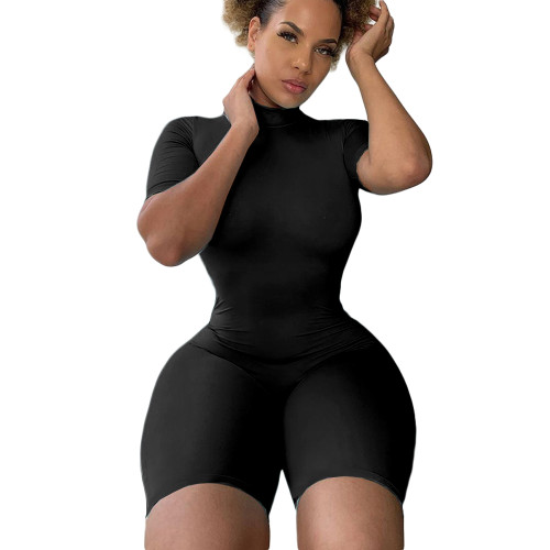 Solid Color High Neck Zipper Activewear Romper