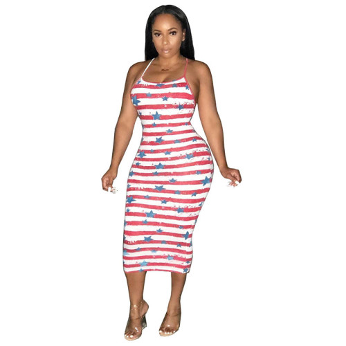 Casual Print Star Striped Cross Strap Midi Dress