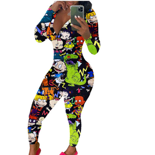 Casual Long Sleeve Pattern Print Loungewear Jumpsuit