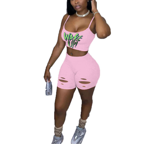 Printed Letters Burnt Flowers Straps Crop and Shorts