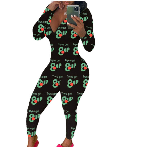 Casual Long Sleeve Pattern Print Loungewear Jumpsuit