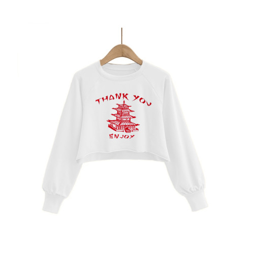 Autumn Pattern Print Round Neck Crop Sweatshirt