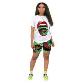 Casual Print Lips Shorts Set