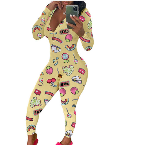 Casual Long Sleeve Pattern Print Loungewear Jumpsuit