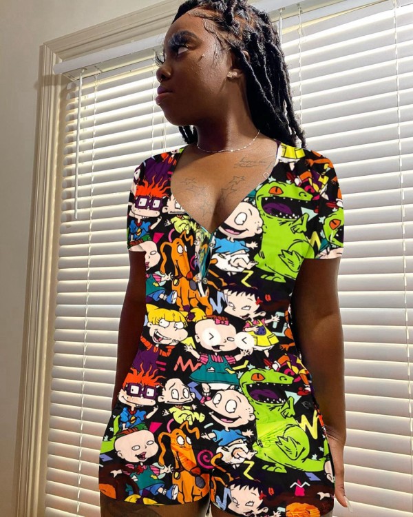 Casual Cartoon Printed Letter Romper