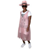 Letter Print Net Yarn Splicing Midi Dress