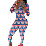 Casual Long Sleeve Pattern Print Loungewear Jumpsuit