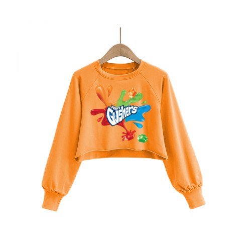 Autumn Pattern Print Round Neck Crop Sweatshirt