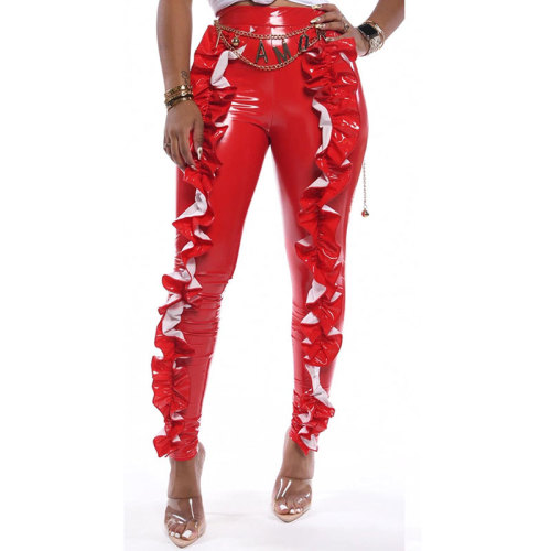 Ruffled PU Leather Trousers
