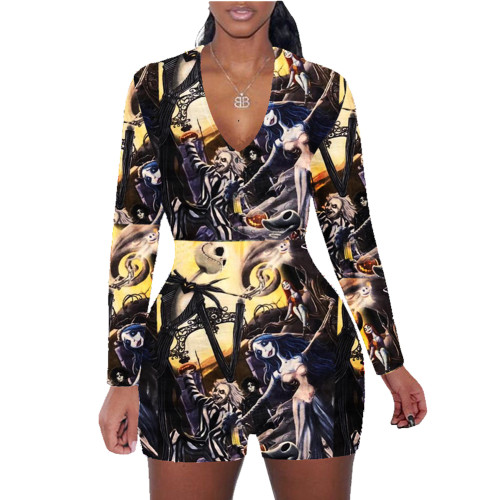 Halloween Pattern Print Shorts Loungewear Romper