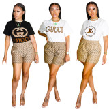 Casual Digital Print Short Sleeve Shorts Set
