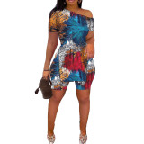 Casual Fashion Graphic Print Slit Hem Short Sleeve Shorts Set