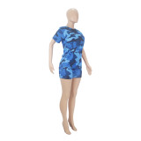 Casual Camouflage Pattern Printed Short Sleeve Shorts Set