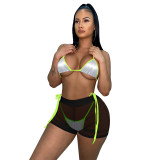 Solid Color High Elastic Mesh Sequins Bikini Swimsuit Three Pieces