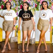 Casual Digital Print Short Sleeve Shorts Set