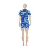 Casual Camouflage Pattern Printed Short Sleeve Shorts Set