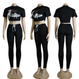 Solid Color Slim Offset Letter Short Sleeve Blouses + Trousers Set