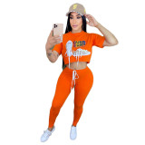 Solid Color Slim Offset Letter Short Sleeve Blouses + Trousers Set